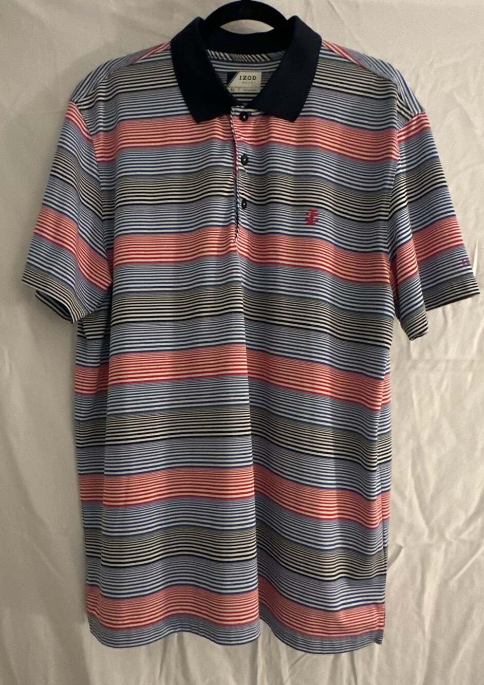 IZOD Golf Men's Red White Blue Black Striped Short Sleeve Polo Shirt XL